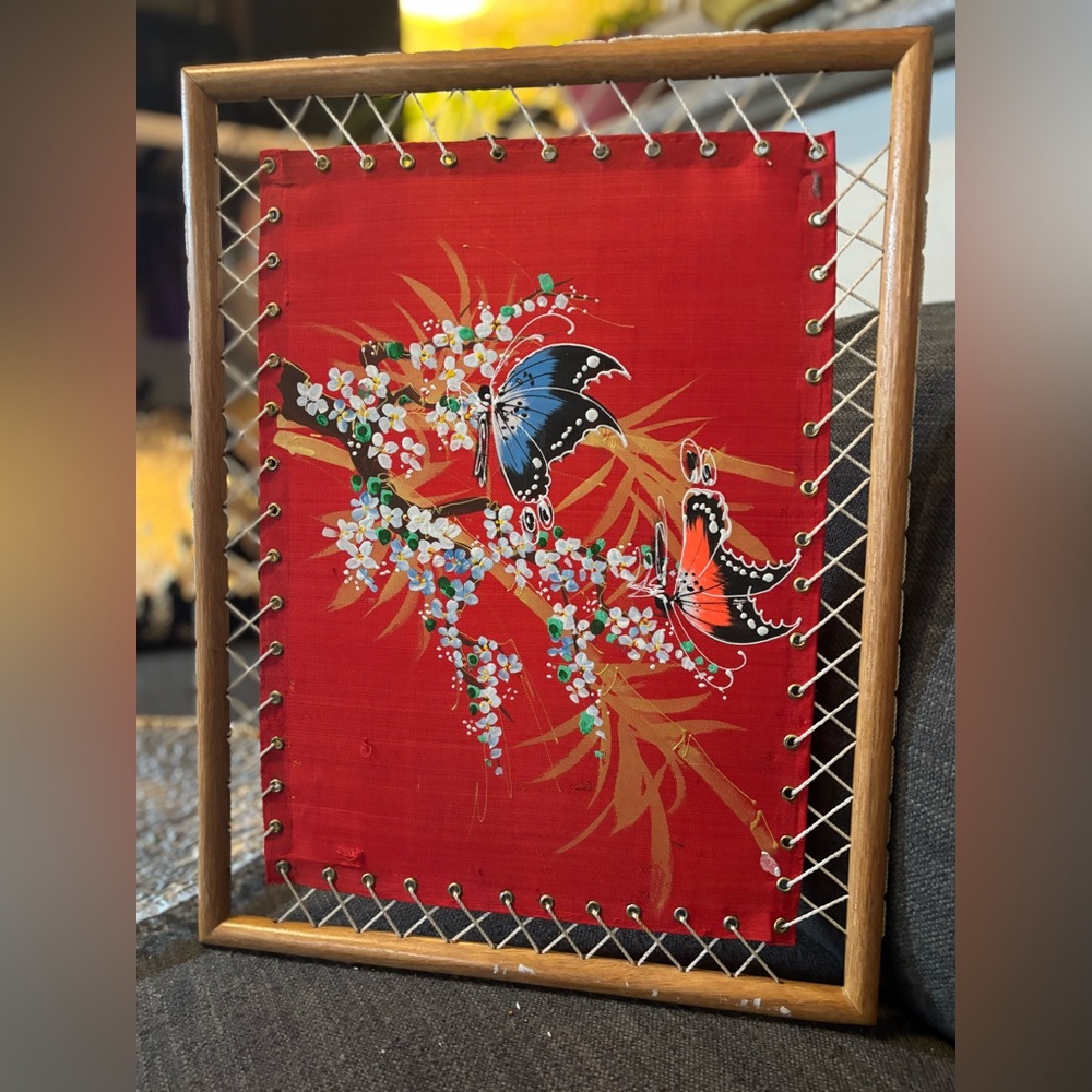 Vintage Hand-Painted Asian Silk Butterfly Artwork in Bamboo Laced Frame | 18x13 - Picture 1 of 16